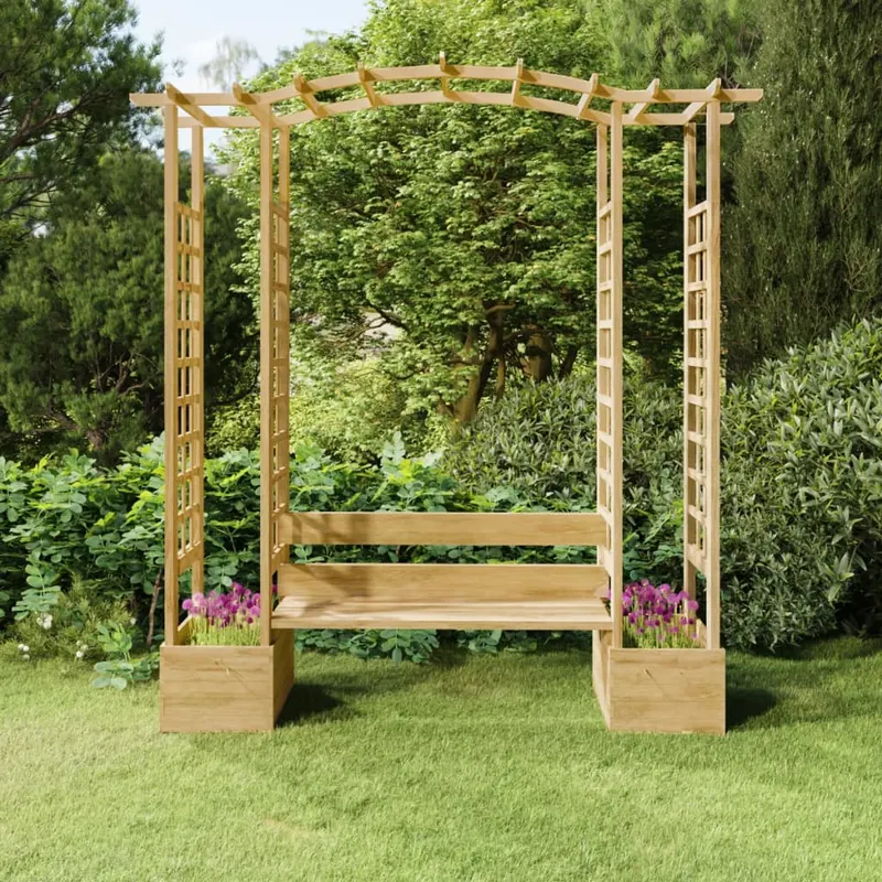 pergola de gradina cu banca si jardiniere lemn masiv pin tratat