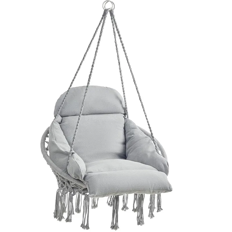 Scaun suspendat tip hamac cu perna groasa, stil scandinav, cadru metalic, 120 kg, gri deschis