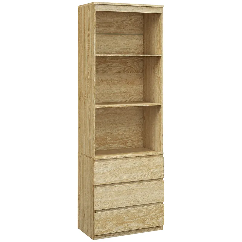 HOMCOM Bibliotecă Înaltă cu Depozitare, Dulap cu 3 Rafturi și 3 Sertare, Dulap de Afișare pentru Camera de Zi, 60x35x180 cm, Natural
