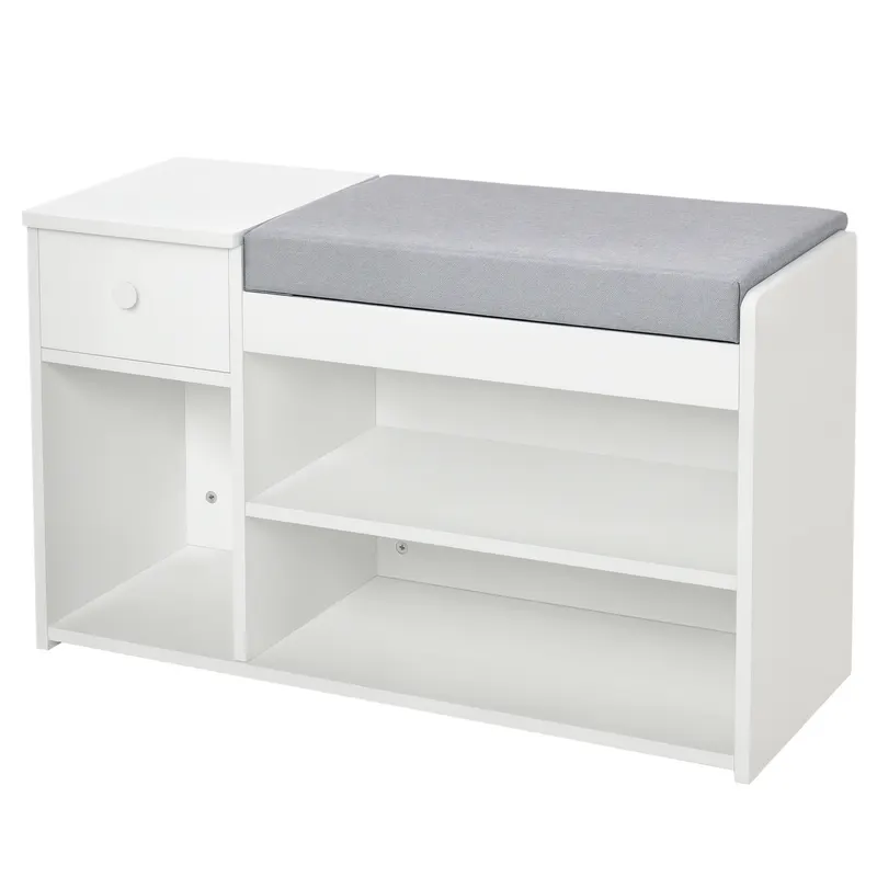 Banca pantofar cu perna, sertar si 3 compartimente deschise, mobilier din lemn pentru hol 81x31.5x49cm, alb