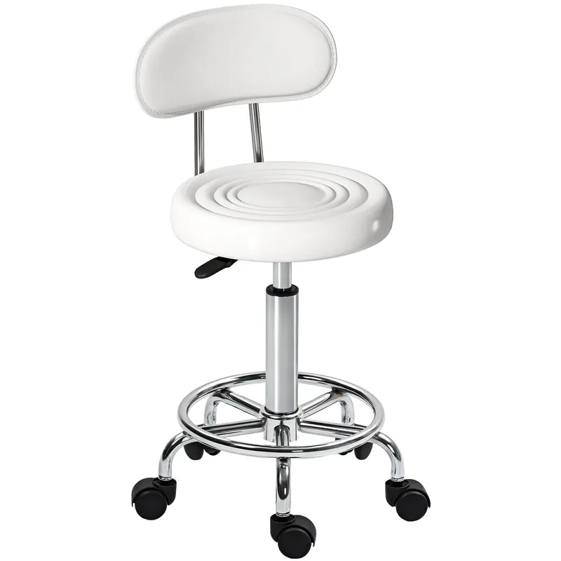 HOMCOM Taburet rotativ cu spătar și roți Scaun reglabil pentru salon de înfrumusețare Studiou tatuaje 32x40x70-86cm Alb