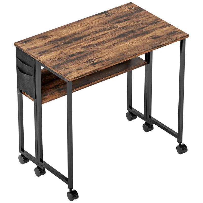HOMCOM Birou Pliabil de 80 cm cu Raft de Depozitare și Blat Pliabil pe Roți - Maro Rustic