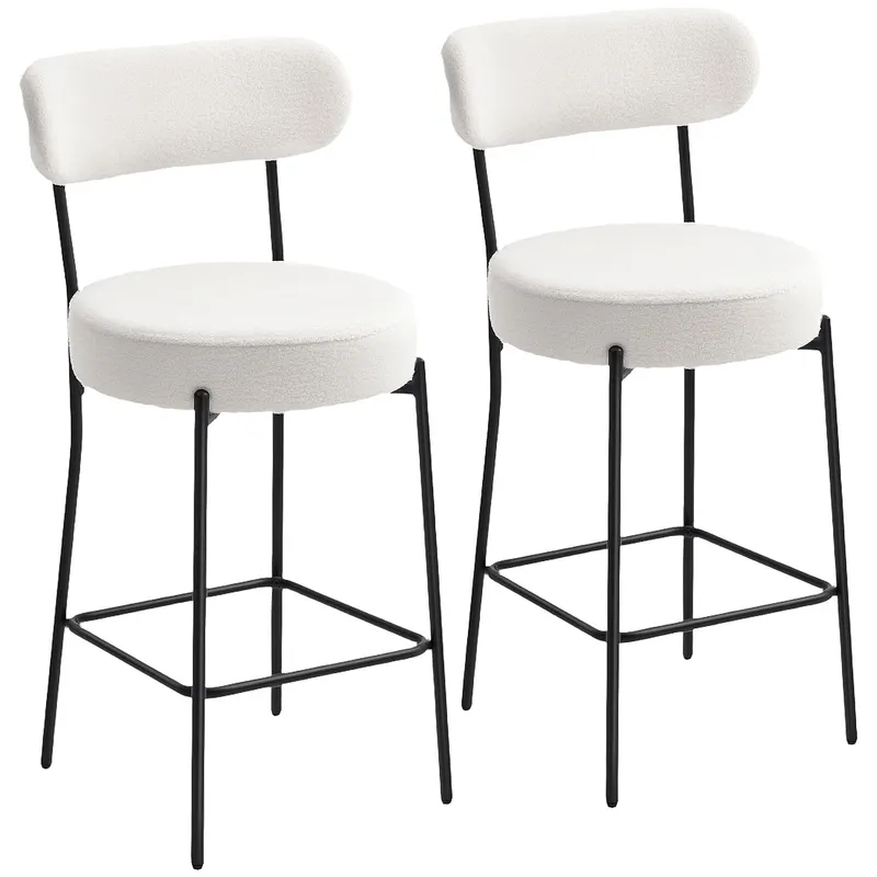HOMCOM Set de 2 taburete de bar din țesătură bouclette, scaune de bar cu spătar curbat, suport picioare, 49x52x95cm, crem