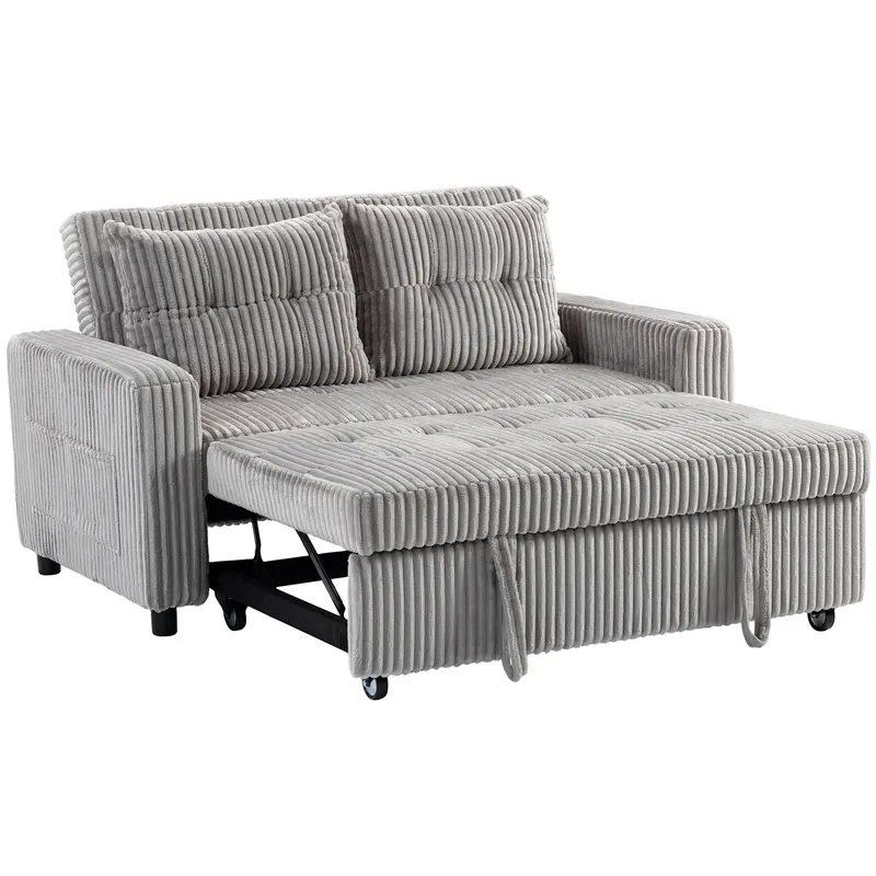 HOMCOM Canapea-pat 2 locuri, tapițerie din cord, se transformă în canapea extensibilă, 2 perne, buzunare laterale, 157 x 190 cm, Gri deschis