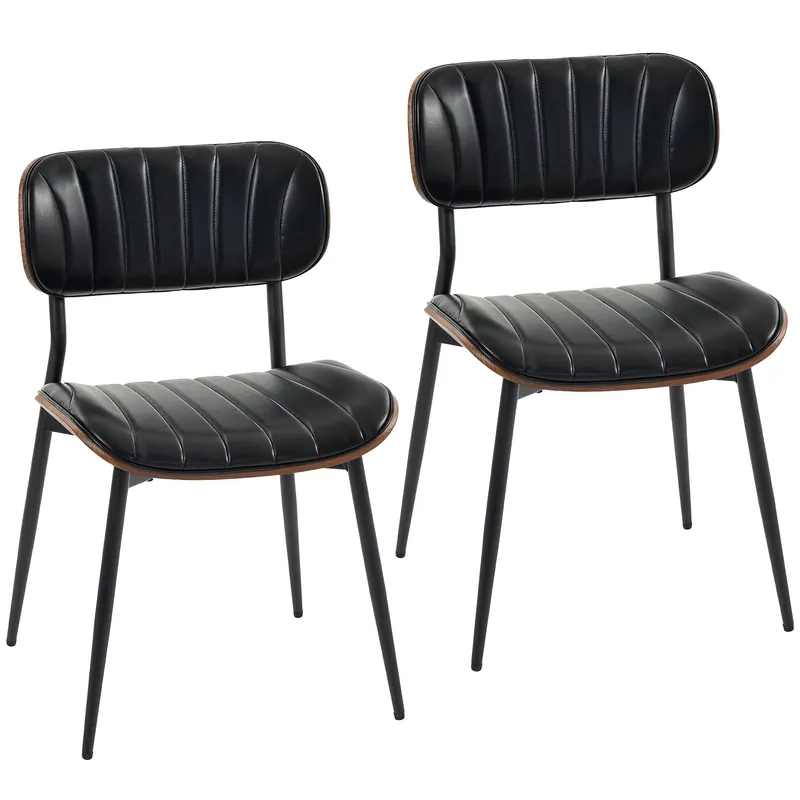 HOMCOM Set de 2 scaune de dining tapițate cu piele sintetică, cu spătar curbat, picioare din metal 49,5x49,5x80 cm, negru și maro
