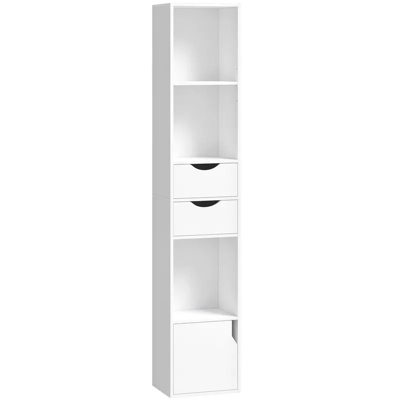 HOMCOM Bibliotecă cu 2 sertare, dulap îngust cu 3 nivele de polițe deschise, pentru birou, dormitor 30x24x158cm Alb