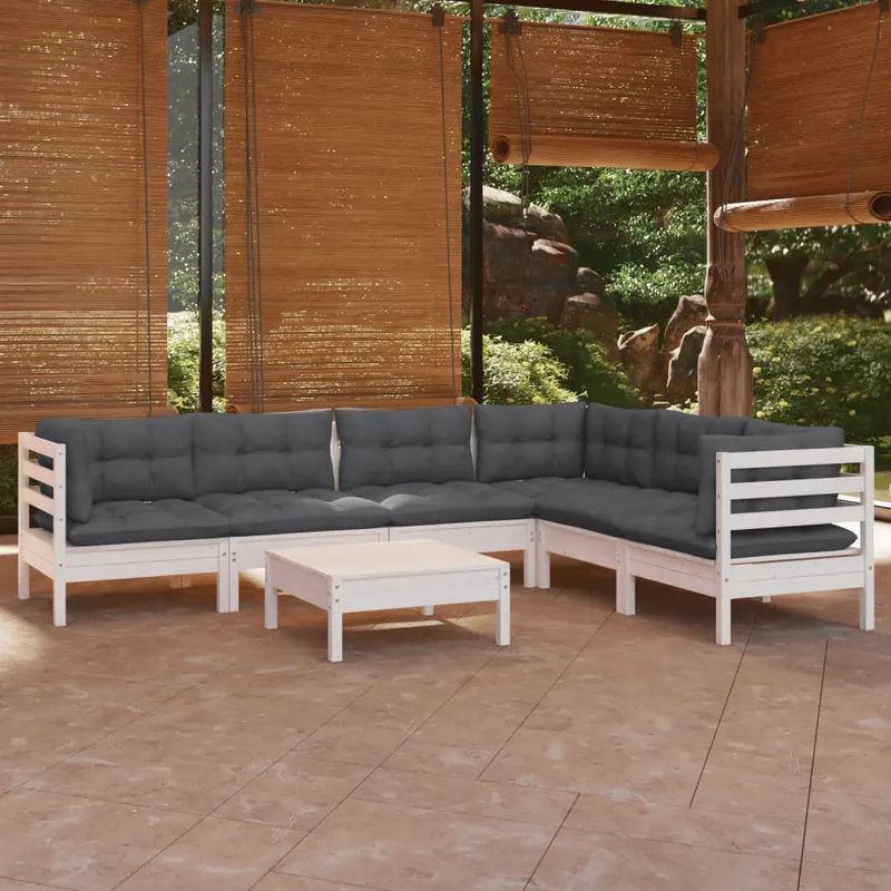 set mobilier de gradina cu perne, 7 piese, alb, lemn masiv pin