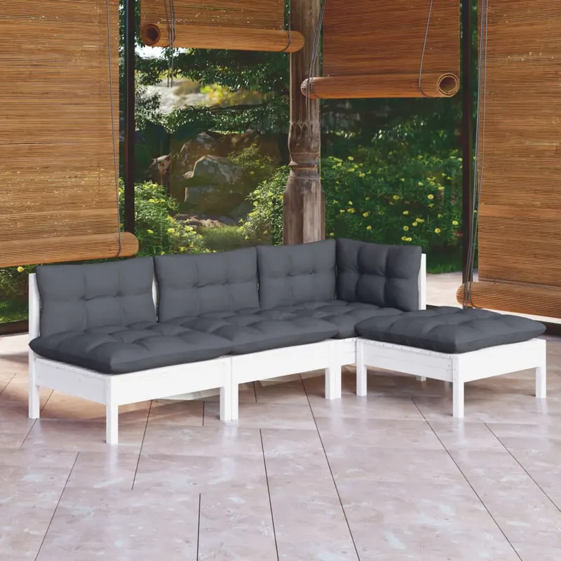 set mobilier gradina cu perne, 4 piese, alb, lemn de pin