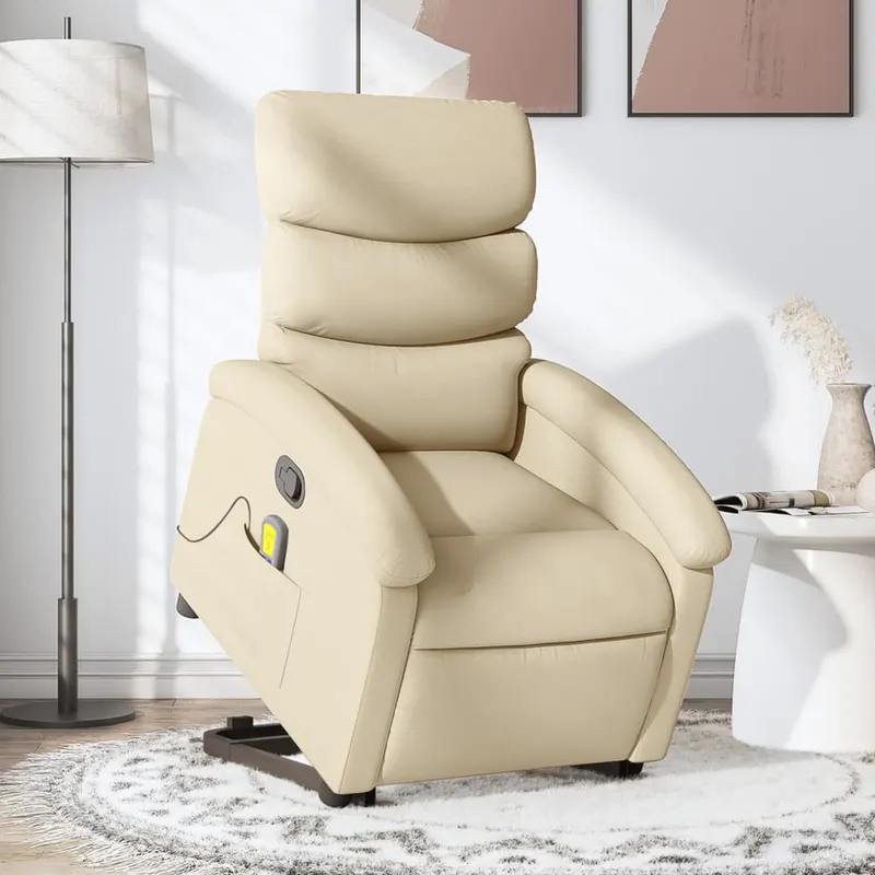 fotoliu masaj rabatabil cu ridicare, crem, material textil