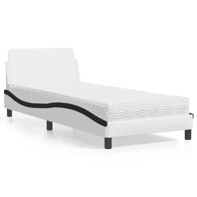 pat cu saltea, alb si negru, 90x190 cm, piele ecologica