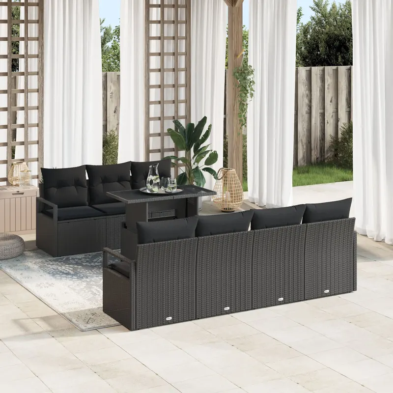 Set de sofale de gradina cu perne negru ratan poli, sofa de gradina cu 2 locuri si spatiu de stocare & perne negru ratan poli