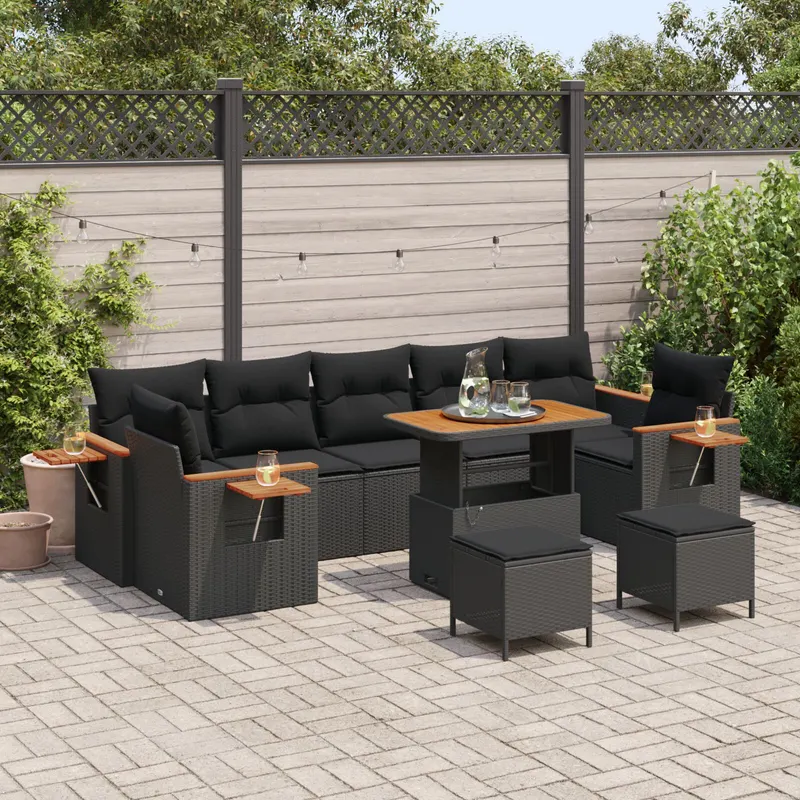 Set de sofa de gradina cu 10 piese cu perne ratan poly negru acacia, set de dining de gradina cu 3 piese cu perne ratan poly negru acacia