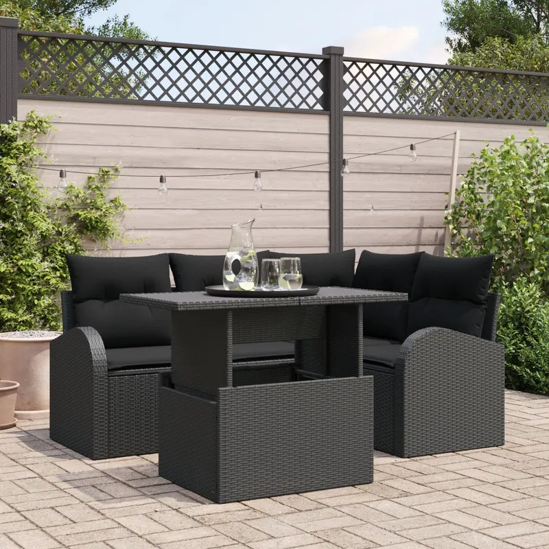 set canapea gradina 5 piese cu perne ratan pe negru