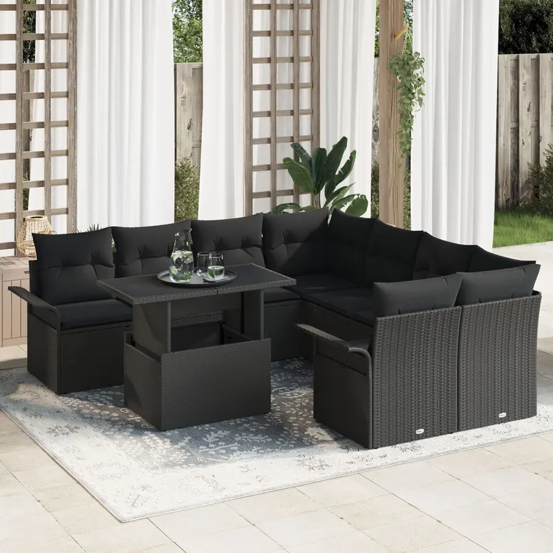 set de 9 piese de sofa de gradina cu perne negru poliratan