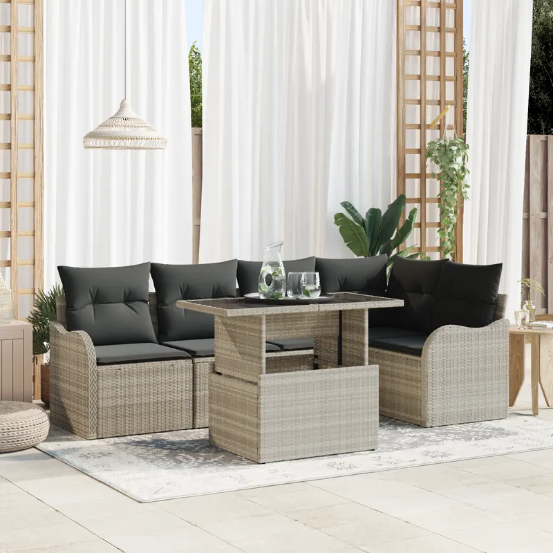 set canapea gradina 6 piese cu perne gri deschis din ratan