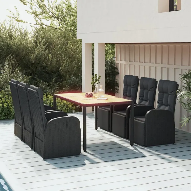 set masa pentru gradina, 7 piese, negru, poliratan/lemn acacia