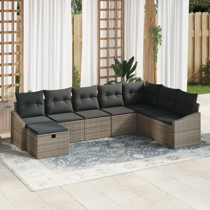 set canapea de gradina cu 8 piese si perne gri ratan