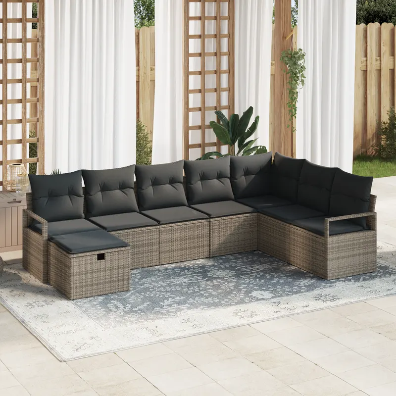 Set 8 piese canapea de gradina cu perne gri ratan polimer, canapea de gradina cu 2 locuri cu spatiu de stocare & perne gri ratan polimer