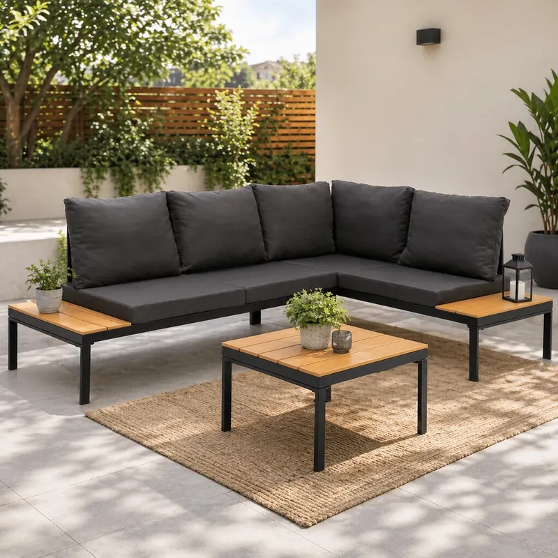 Set mobilier gradina coltar cu masa, separabil in 2 canapele tip sezlong, perne impermeabile, cadru metalic, gri si maro
