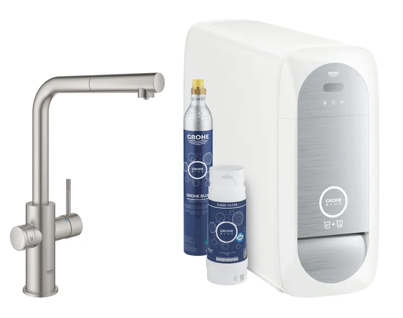 Baterie de bucatarie Grohe 31539DC0, Blue Home, inalta, tip L, filtrare, racire, apa carbogazoasa, dus, mat