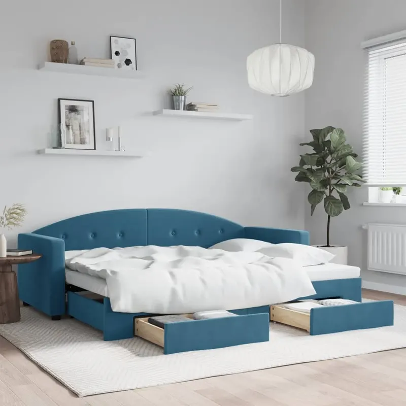 pat de zi cu extensie si sertare, albastru, 80x200 cm, catifea
