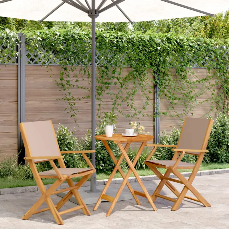 set mobilier bistro, 3 piese, textil taupe/lemn masiv