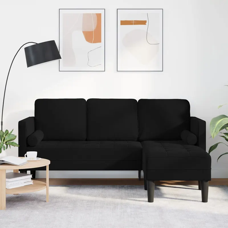 sofa cu 3 locuri cu chaise in forma de l neagra 160 cm catifea