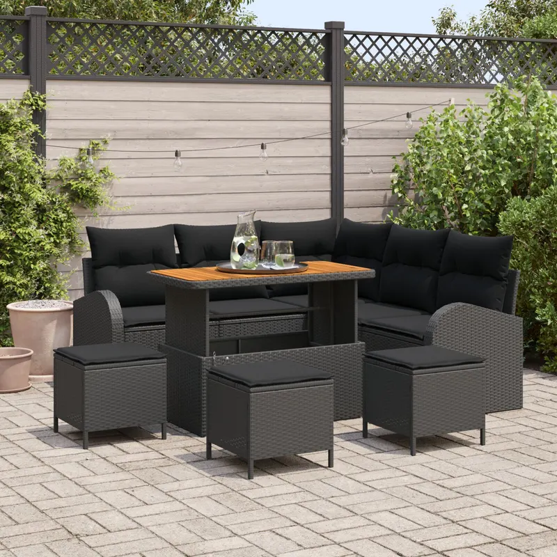 Set de sofas cu 8 piese pentru gradina cu pernute, poliratan negru, acacia, set de sofa pentru 2 persoane cu pernute, poliratan negru, set de dining pentru gradina cu 3 piese cu pernute, poliratan negru, acacia