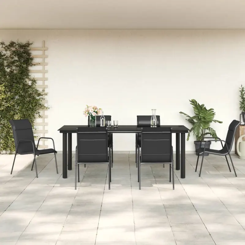 set mobilier de gradina, 7 piese, negru, otel si textilena