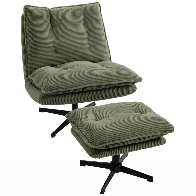HOMCOM Fotoliu lounge cu otoman, rotativ 360°, tapițerie cord, suport pentru picioare reglabil pe înălțime, verde