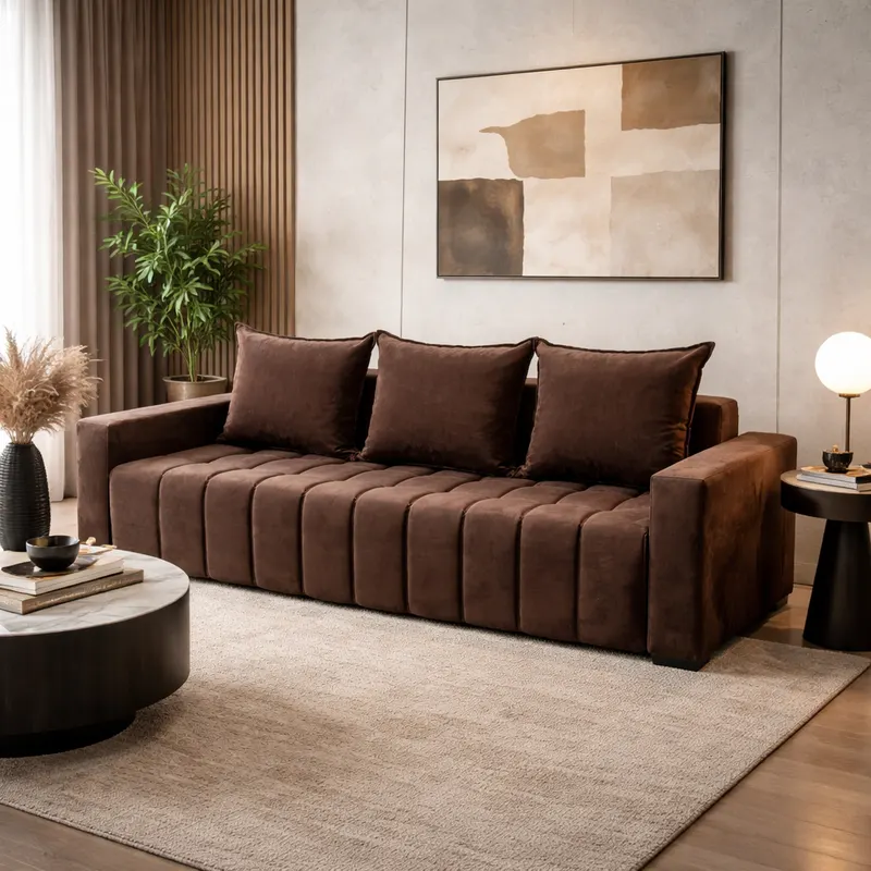 Canapea ZARA extensibila, 3 locuri, cu lada de depozitare, stofa suede maro , 220x95x80 Maro, Stofa Suede