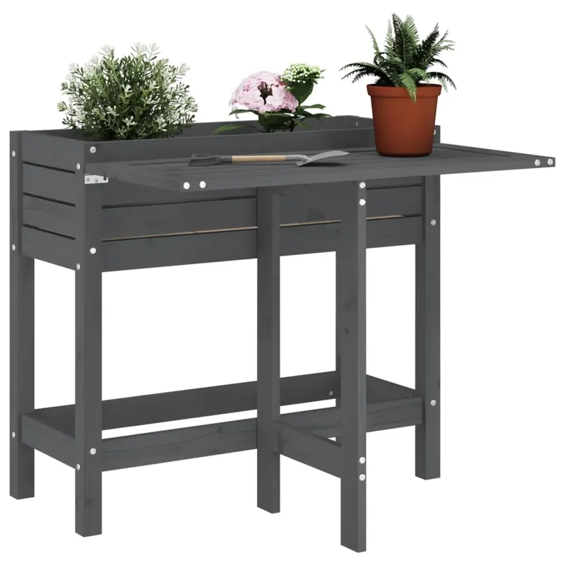 jardiniera de gradina cu blat pliabil gri lemn masiv pin