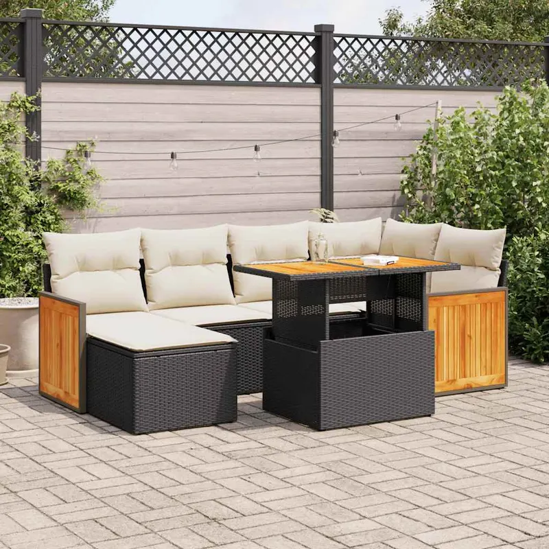 set mobilier gradina perne 8 piese negru, poliratan/lemn acacia