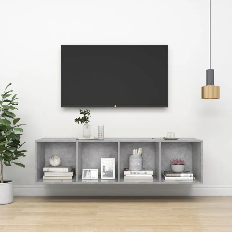 dulap tv montat pe perete, gri beton, 37x37x142,5 cm, pal