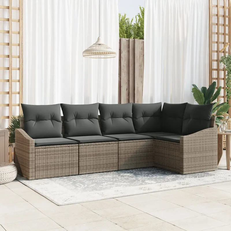 set de 5 piese pentru gradina cu perne gri ratan poli