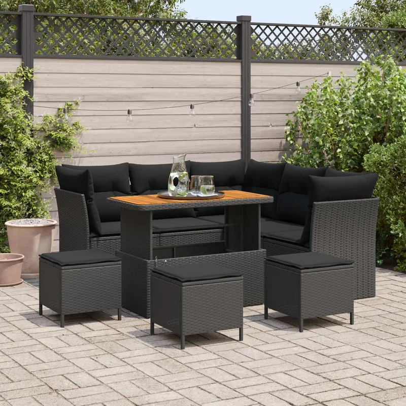 set de canapea gradina cu 8 piese ratan polu negru acacia, set de masa gradina cu 3 piese ratan polu negru acacia