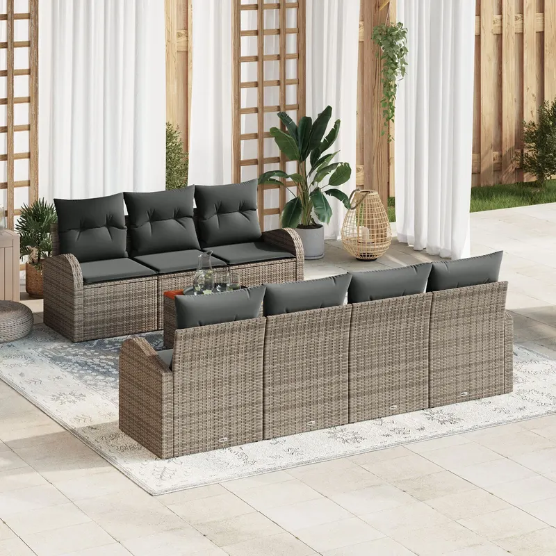 Set canapea gradina 8 piese cu perne gri din ratan poli acacia, canapea gradina 2 locuri cu storage & perne gri din ratan poli