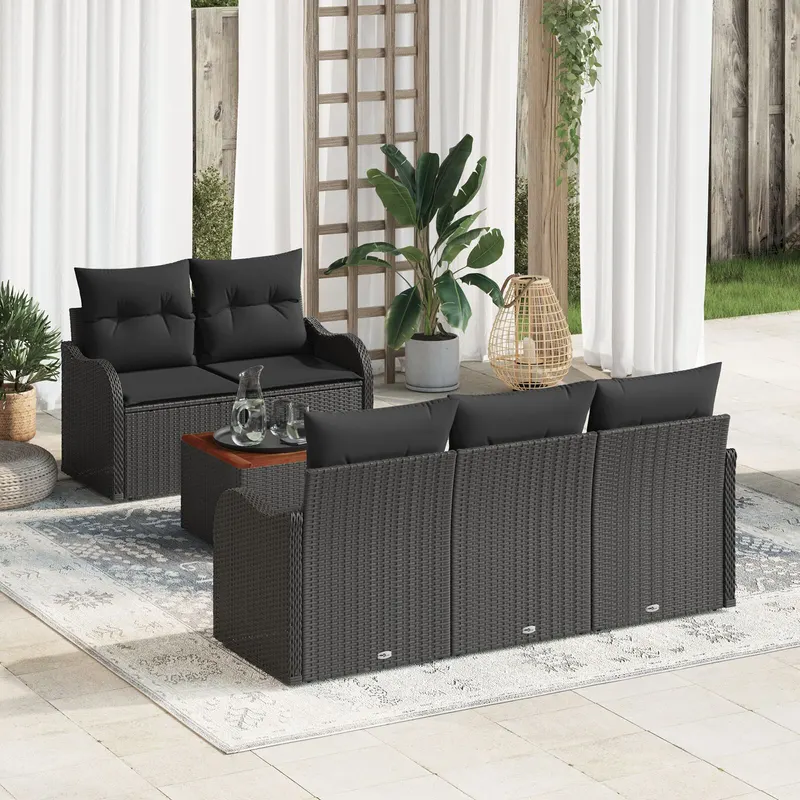 Set canapele gradina cu perne negru ratan poli acacia, canapea gradina 2 locuri cu depozitare si perne negru ratan poli
