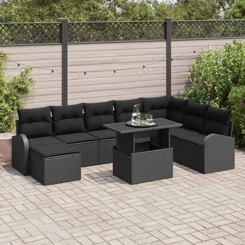 set de canapea de gradina cu 9 piese cu perne negru ratan polietilenic