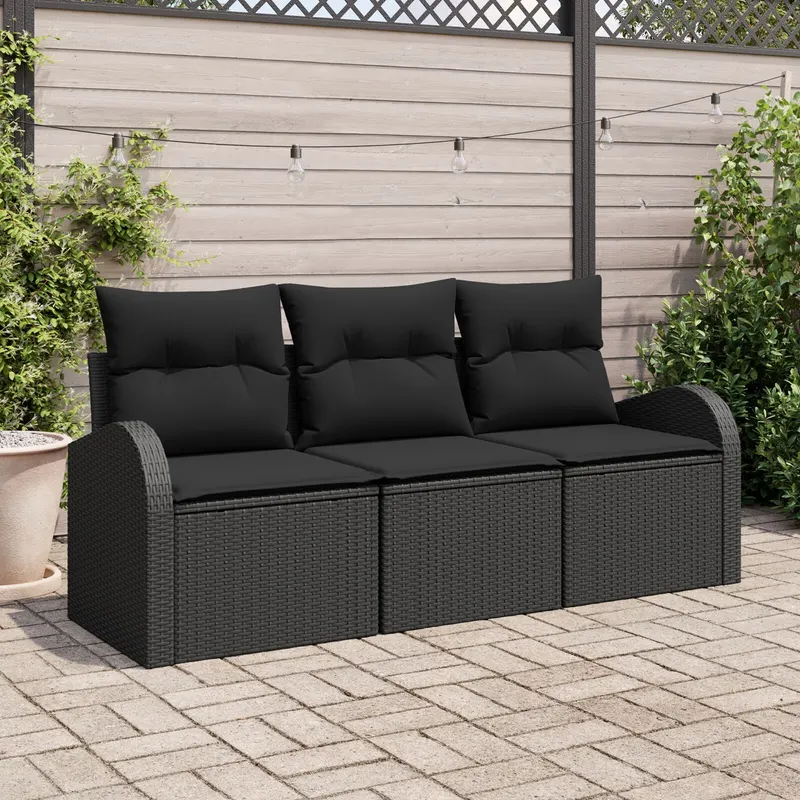 Set de canapea de gradina 3 piese cu perne negru ratan poli, canapea de gradina cu 2 locuri, depozit si perne negru ratan poli