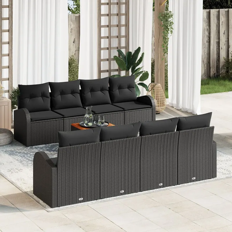 set de 9 piese pentru gradina cu perne negre din poliratan acacia