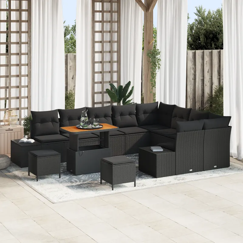 Set de canapea de gradina cu pernite negru ratan poli acacia, canapea de gradina pentru 2 persoane cu spatiu & pernite negru ratan poli, set de dining de gradina cu 3 piese cu pernite negru ratan poli acacia