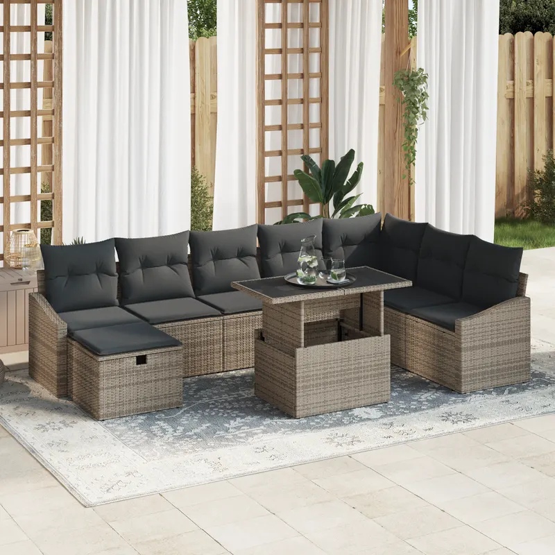 set sofa gradina 9 piese cu perne gri ratan polietilenic