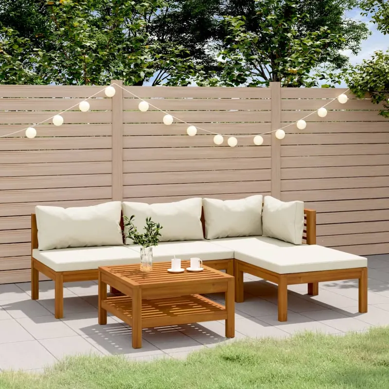set mobilier gradina cu perne crem, 5 piese, lemn masiv acacia