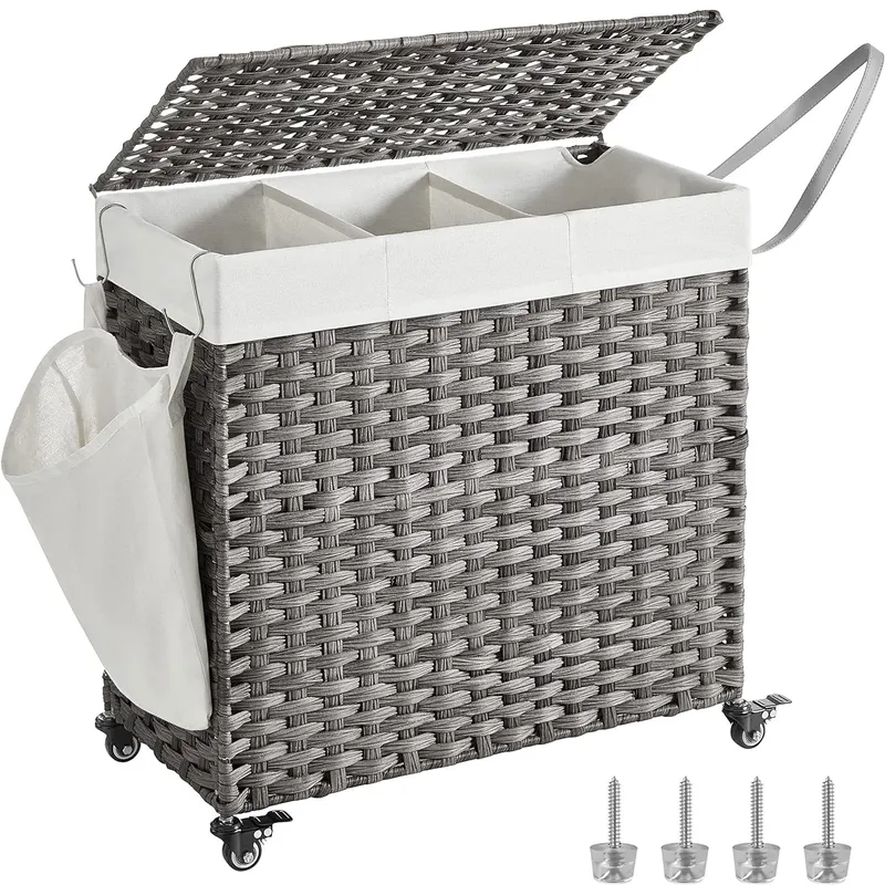 Cos de rufe tesut manual, cu captuseala detasabila lavabila, 3 compartimente, stil ratan, 140 litri, 66x33x60 cm, gri