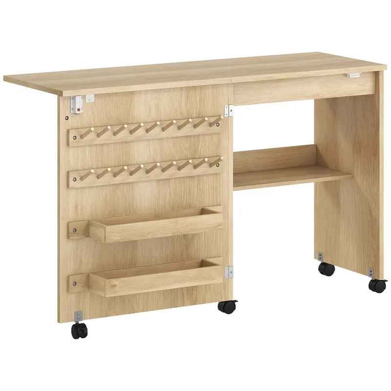 HOMCOM Masă de Cusut Pliantă, Mobil pentru Cusut pe Roți, Ușă Magnetică tip Șură, 2 Tăvi, Raft, 18 Suporturi pentru Bobine, Natural