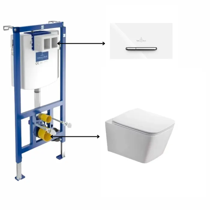 Set vas wc suspendat rimless, dreptunghiular, alb lucios, Safari cu rezervor incastrat si clapeta de actionare dual-flush, alba cu 2 butoane cromate ViConnect, Villeroy Boch