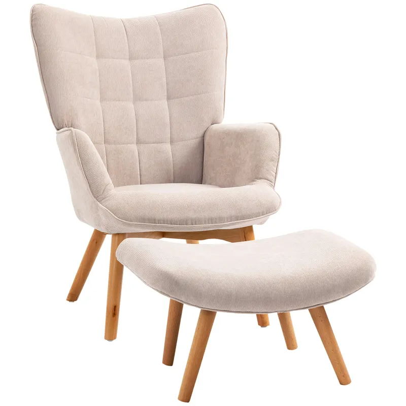 HOMCOM Fotoliu cu Taburet pentru Cameră sau Living din Catifea cu Model Crestat , Spătar Înalt și Brațe, 72x80x101 cm, Bej
