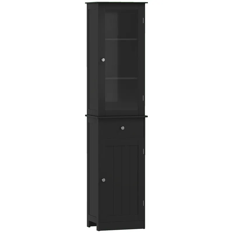 Kleankin Coloană de Baie Îngustă cu Dulap, Sertar și Rafturi din MDF, 40 x 27 x 171,5 Cm, Negru