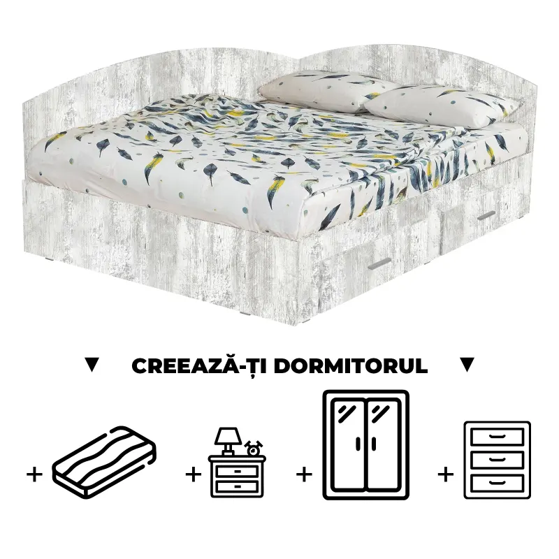 Creeaza-ti Dormitorul ALMA, pin antichizat, de la Pat Colt Alma 140x200 cm, cu 2 sertare laterale pe role, adauga Saltea, Noptiere, Comoda, Dulap